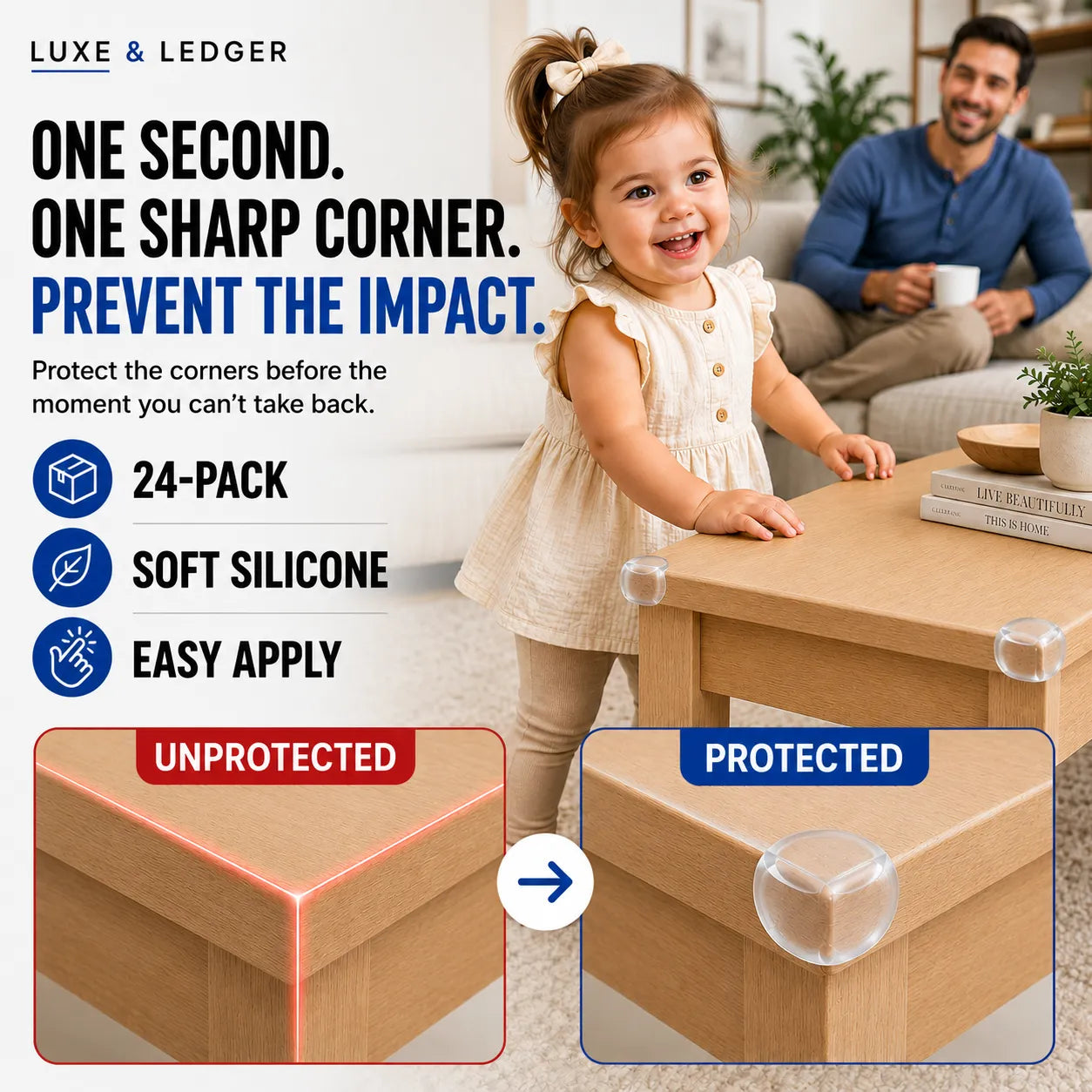 A promotional graphic for Luxe & Ledger furniture corner protectors, featuring a young girl standing at a wooden coffee table in a living room, with a man sitting on a couch in the background. The left side contains marketing text and two inset diagrams showing a 'PROTECTED' corner with clear bumpers and an 'UNPROTECTED' corner with a red impact highlight.