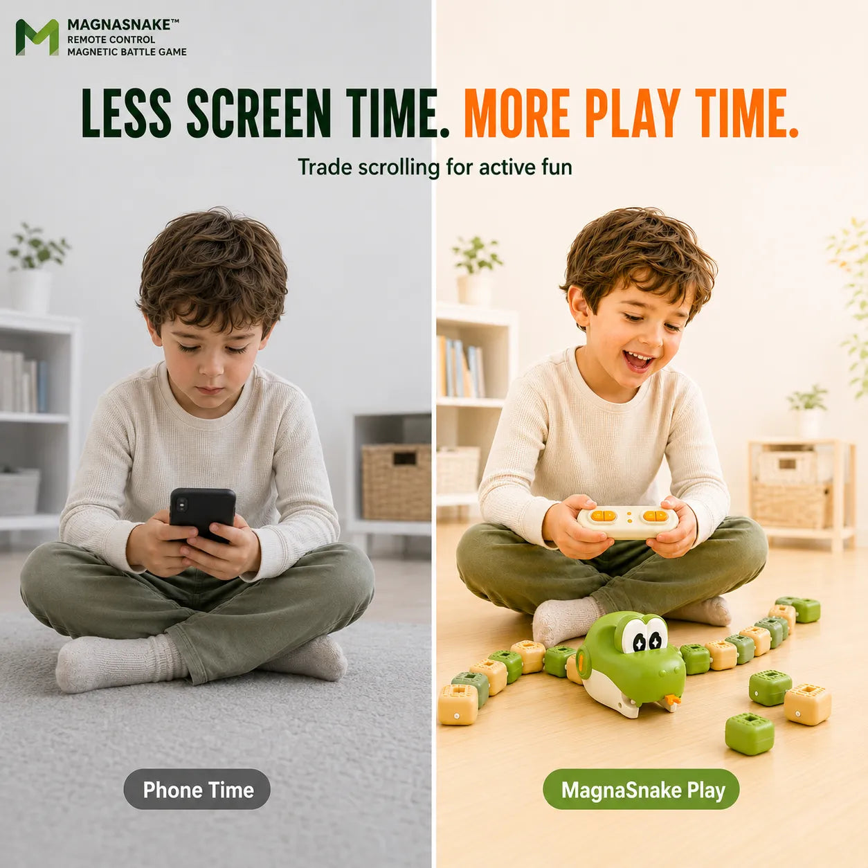 A split comparison graphic showing a child sitting cross-legged indoors. The left side shows the child using a smartphone, labeled 'Phone Time.