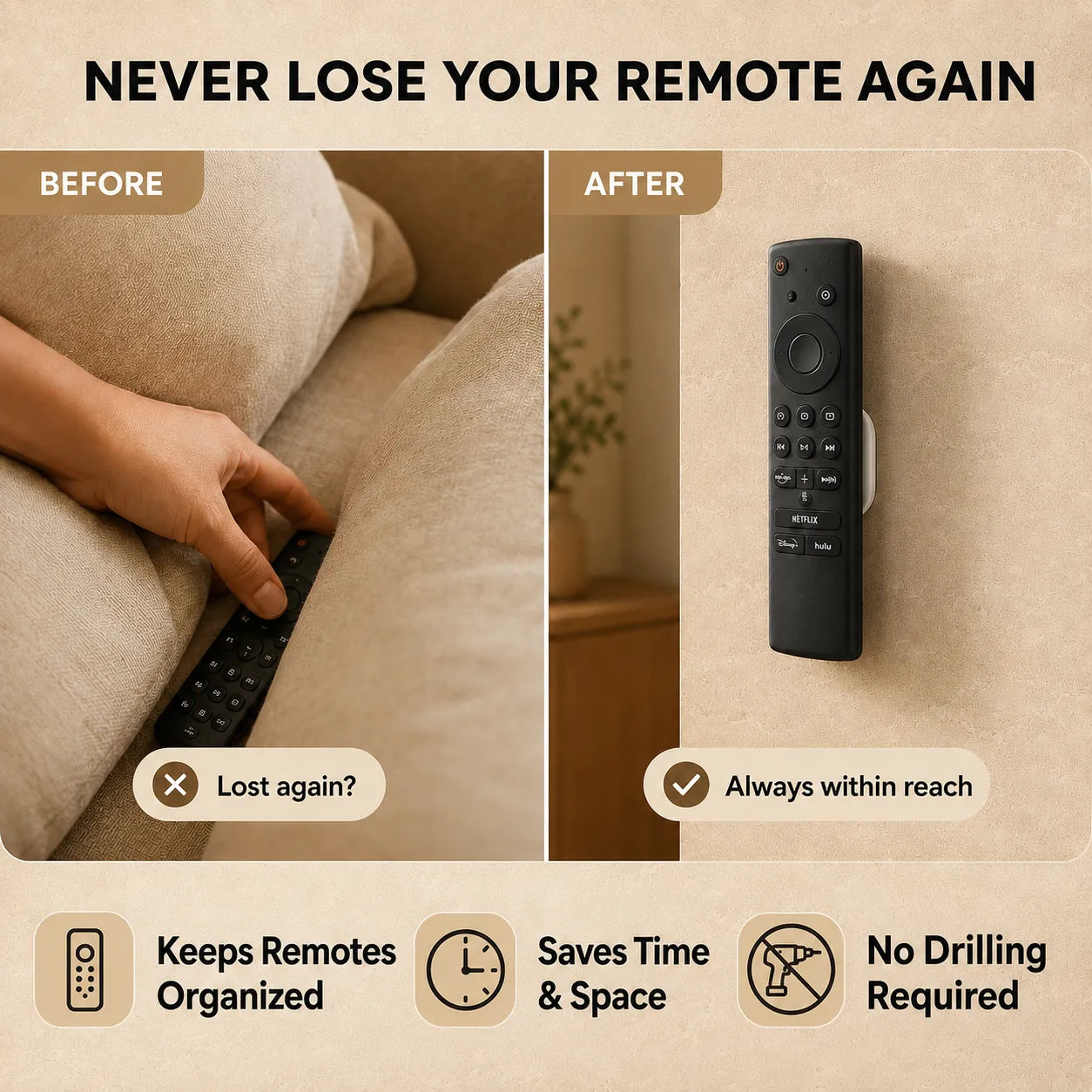 Promotional comparison graphic showing a remote control lost in a couch pocket on the left ('Before') and safely stored on a wall on the right ('After'). The image includes text and icons highlighting benefits like keeping remotes organized, saving time and space, and avoiding wall drilling.