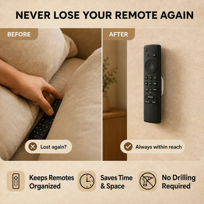 Promotional comparison graphic showing a remote control lost in a couch pocket on the left ('Before') and safely stored on a wall on the right ('After'). The image includes text and icons highlighting benefits like keeping remotes organized, saving time and space, and avoiding wall drilling.