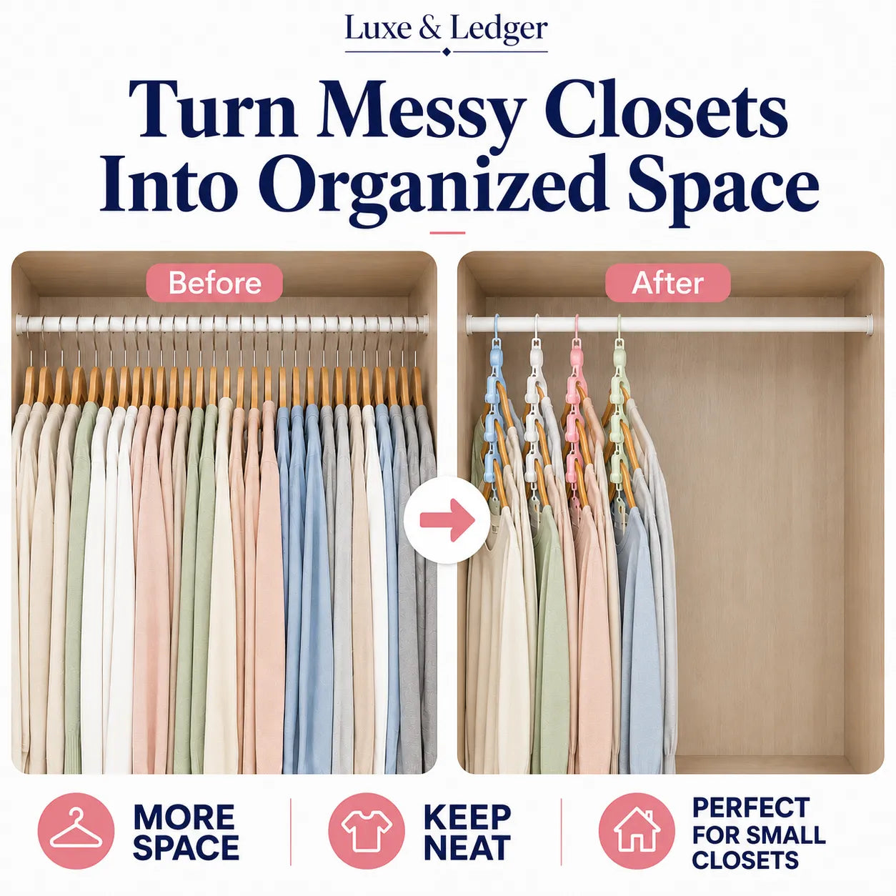 Promotional graphic for a closet organization product, showing a before-and-after comparison inside a closet. The left side is labeled 'Before' with many hanging garments and a sparse rack; the right side is labeled 'After' with the same garments hung neatly on clips and a clear rod.