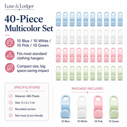 A 40-piece multicolor set of ABS plastic clothing hangers by Luxe & Ledger, shown in a grid with color options: blue, white, pink, and green. The graphic includes product specifications and a package contents summary on a white background.