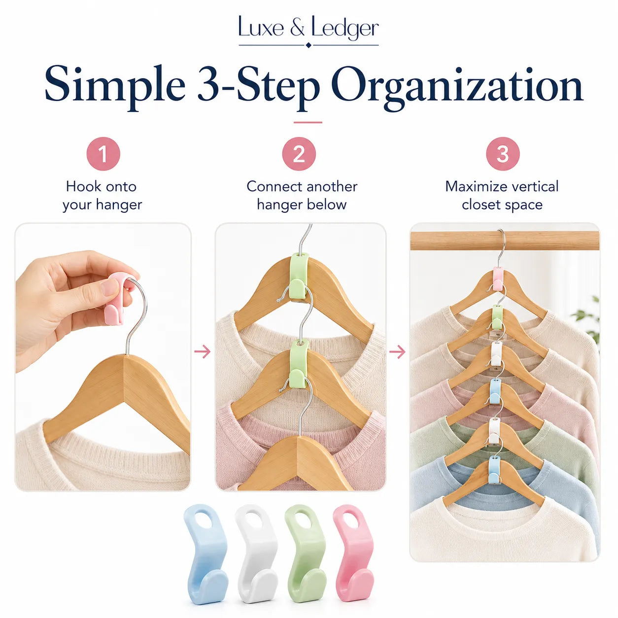 Instructional graphic for a closet hanger organizer showing a three-step process: hooking onto a hanger, connecting another hanger below, and maximizing vertical closet space with multiple hangers. The image includes the Luxe & Ledger brand name, numbered steps, small usage photos, and four color options shown at the bottom.