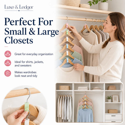 A promotional collage for a hanging garment organizer. The left side includes the Luxe & Ledger brand name and text reading 'Perfect For Small & Large Closets,' with icons describing organization benefits.