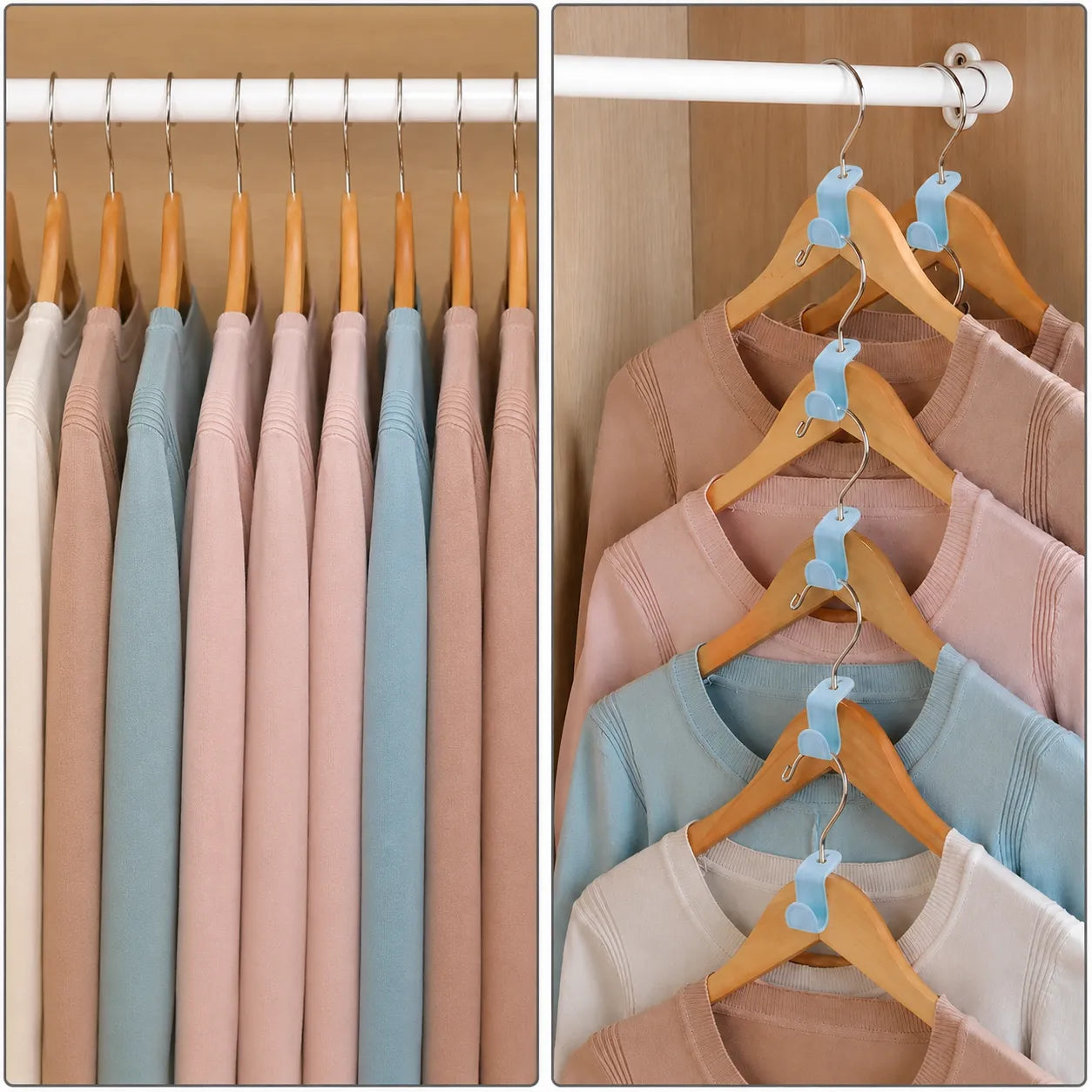 A collage showing several crewneck sweaters in soft pastel colors hanging on wooden hangers from a white closet rod. Each hanger has a small light blue clip or tag attached.