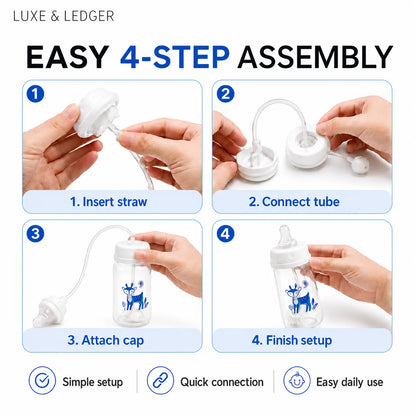 Instruction graphic for assembling a bottle feeder, titled 'EASY 4-STEP ASSEMBLY' with four panels showing hands performing steps: insert straw, connect tube, attach cap, and finish setup. The product appears to be a clear bottle with a white cap and tube, plus a small blue deer graphic.