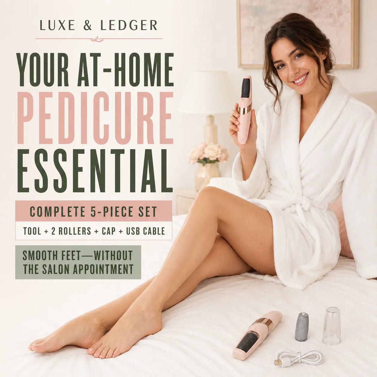 A woman in a white robe sits on a bed holding a pink pedicure tool, with additional pedicure tools and accessories placed on the bed. Large promotional text on the left reads 'LUXE & LEDGER' and 'YOUR AT-HOME PEDICURE ESSENTIAL,' describing a complete 5-piece set.