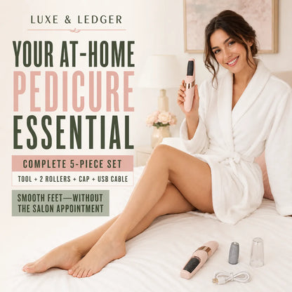 A woman in a white robe sits on a bed holding a pink pedicure tool, with additional pedicure tools and accessories placed on the bed. Large promotional text on the left reads 'LUXE & LEDGER' and 'YOUR AT-HOME PEDICURE ESSENTIAL,' describing a complete 5-piece set.