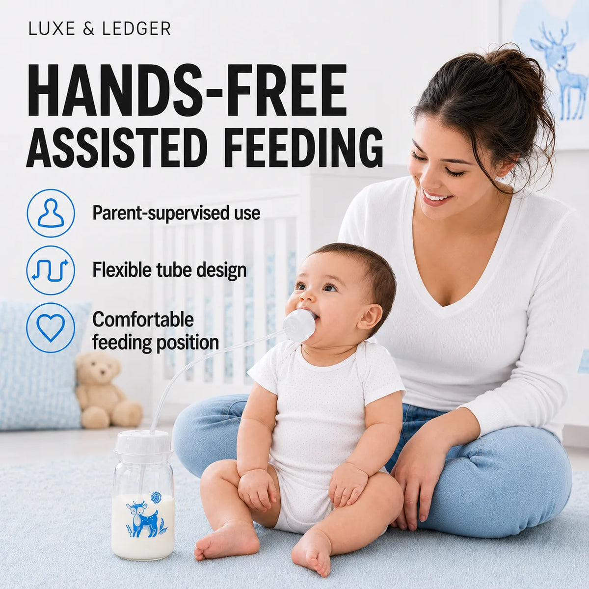 A woman sits on a light blue carpet next to a baby wearing a white bodysuit, who is using a hands-free assisted feeding straw. A glass milk bottle with a blue deer logo is in the foreground.