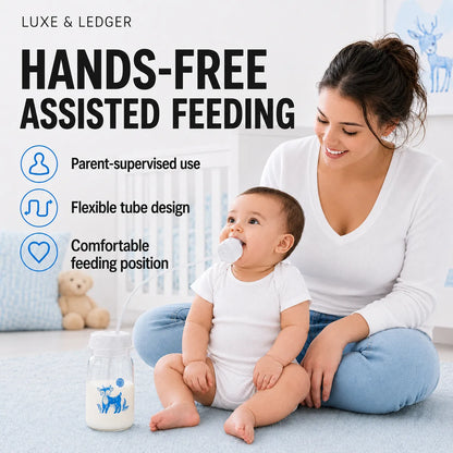 A woman sits on a light blue carpet next to a baby wearing a white bodysuit, who is using a hands-free assisted feeding straw. A glass milk bottle with a blue deer logo is in the foreground.