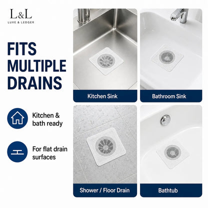 L & L Luxe & Ledger square drain covers shown installed in four sink and drain types: kitchen sink, bathroom sink, shower floor drain, and bathtub. The graphic includes text stating 'FITS MULTIPLE DRAINS' and icons noting kitchen and bath readiness and flat drain surface compatibility.