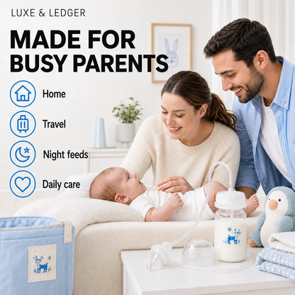 A family scene in a bright home with a woman, man, and baby, plus a breastmilk bottle and feeding accessories on a table. Large text reads 'LUXE & LEDGER MADE FOR BUSY PARENTS' with icons for Home, Travel, Night feeds, and Daily care.