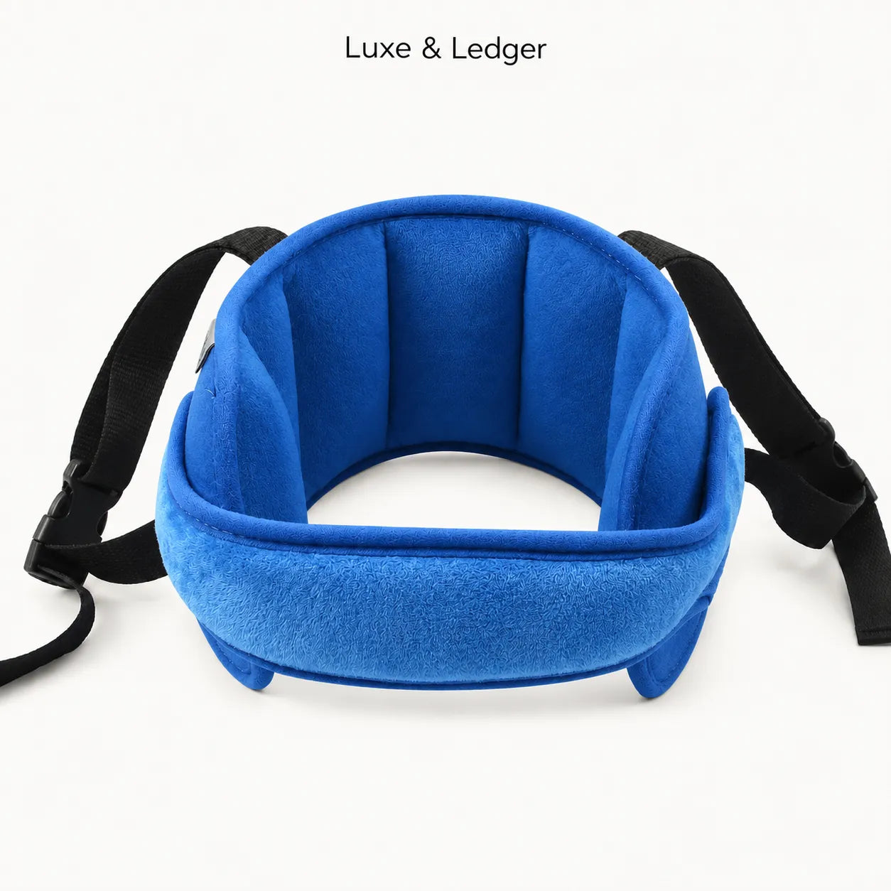 A blue padded neck support pillow with black adjustable straps, shown on a clean white background with 'Luxe & Ledger' text at the top.