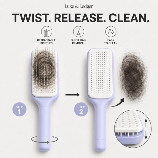A lavender and white pet hairbrush shown in a before-and-after comparison on a light gray background. The left side shows hair trapped in the bristles with a circular twist motion labeled Step 1, and the right side shows the brush clean with hair released and a pile of loose hair labeled Step 2.