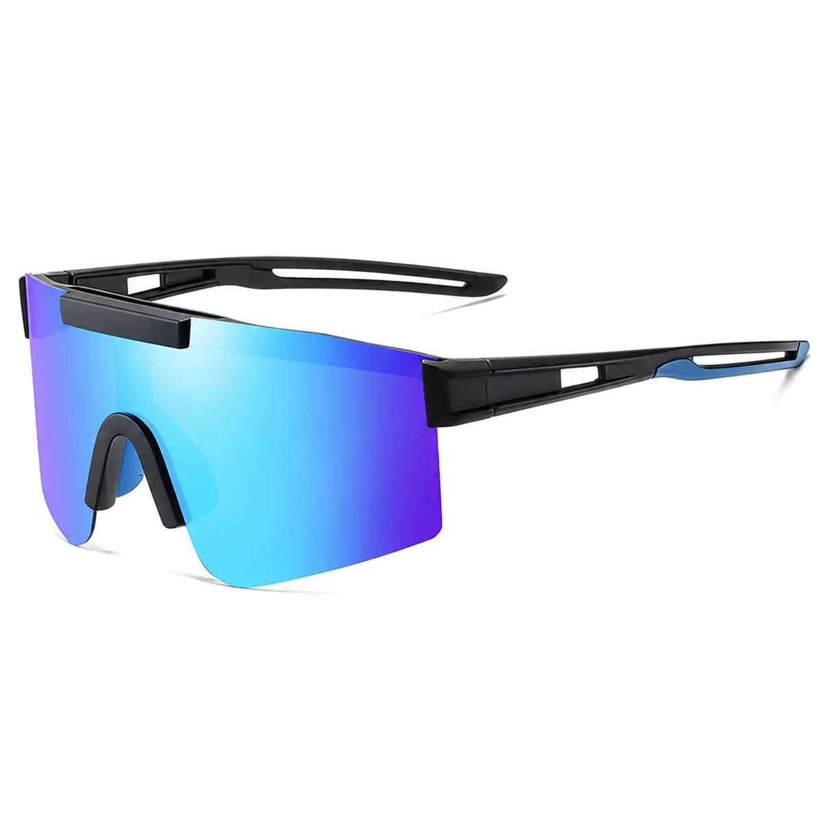 Sport sunglasses with a black wraparound frame and a large shield lens featuring a vibrant blue-to-purple gradient mirror finish, shown on a plain white background.