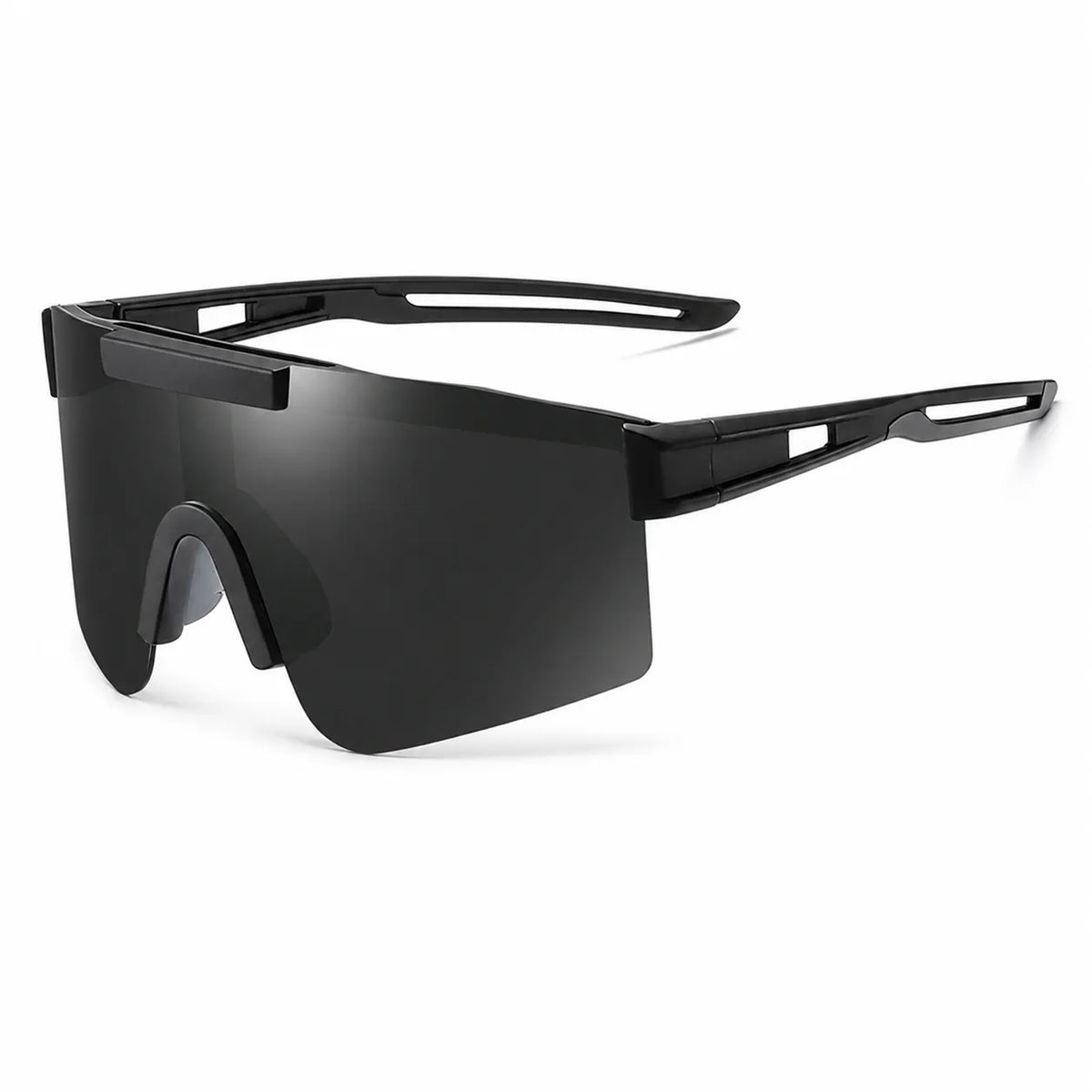 Black wrap-around shield sunglasses with a thick matte frame and dark tinted lenses, shown at a three-quarter angle on a white background.