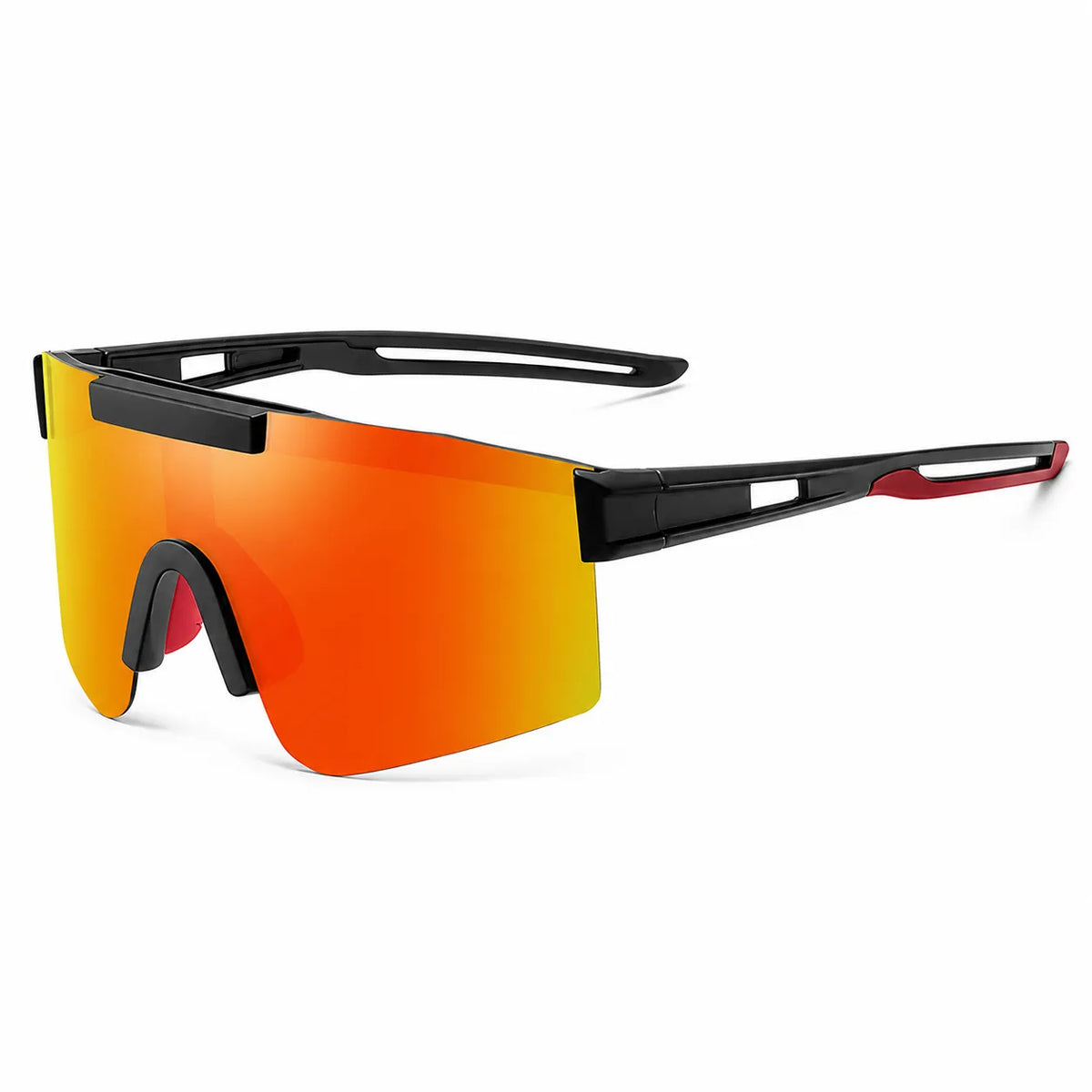 Sport sunglasses with a large shield-shaped orange-to-red gradient lens, black frame, and red accent on the temple arm, shown on a white background.