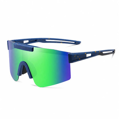 Sport sunglasses with a blue frame and a large shield lens featuring a green-to-blue gradient, shown on a white background.