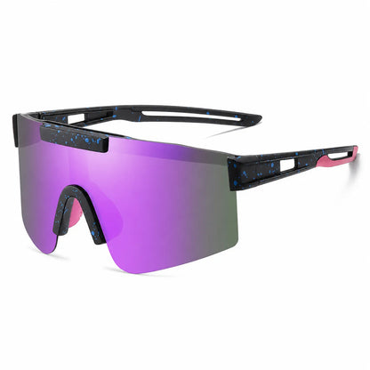 Sport sunglasses with a large shield lens, a black and blue speckled frame, and a pink temple tip, shown on a white background.