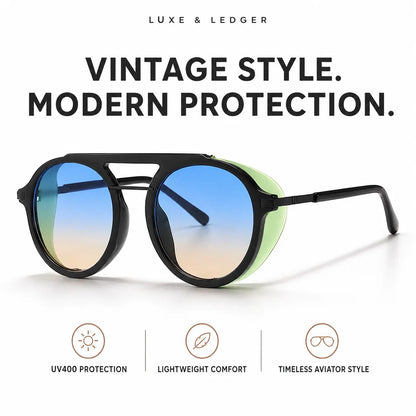 Luxe & Ledger vintage-style aviator sunglasses with a black double-bridge frame and gradient blue-to-tan lenses, shown on a white background with marketing text and feature icons.