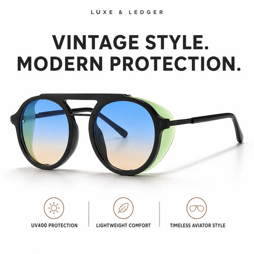 Luxe & Ledger vintage-style aviator sunglasses with a black double-bridge frame and gradient blue-to-tan lenses, shown on a white background with marketing text and feature icons.