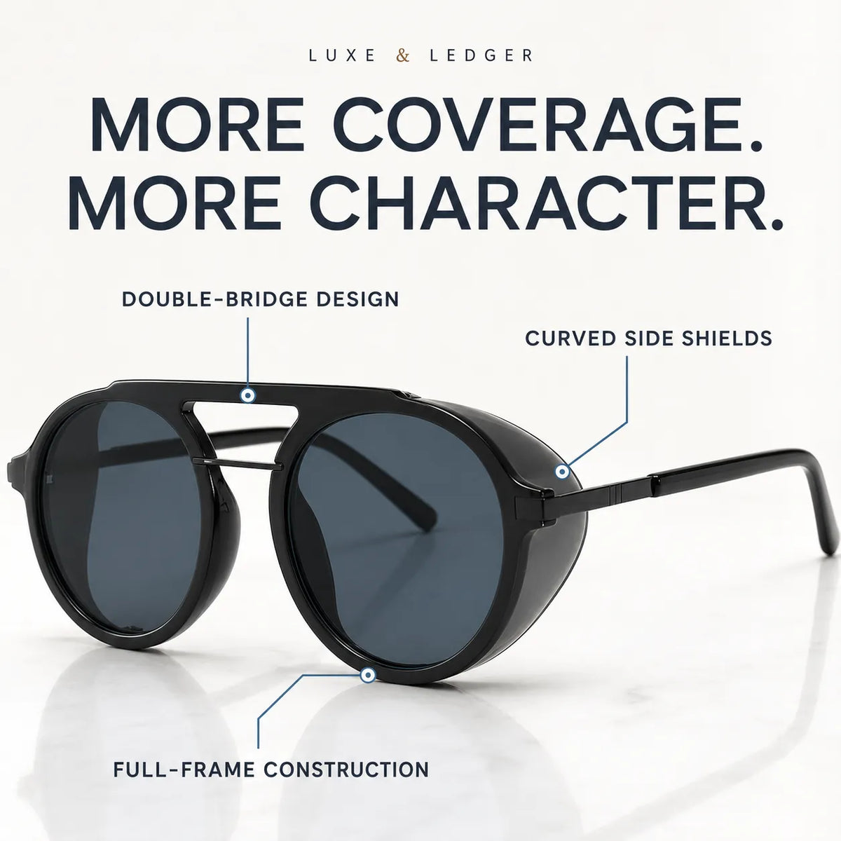 Black aviator-style sunglasses with dark lenses, shown on a light background with callout lines and text highlighting double-bridge design, curved side shields, and full-frame construction. Brand text 'LUXE & LEDGER' appears at the top.