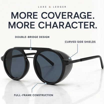 Black aviator-style sunglasses with dark lenses, shown on a light background with callout lines and text highlighting double-bridge design, curved side shields, and full-frame construction. Brand text 'LUXE & LEDGER' appears at the top.