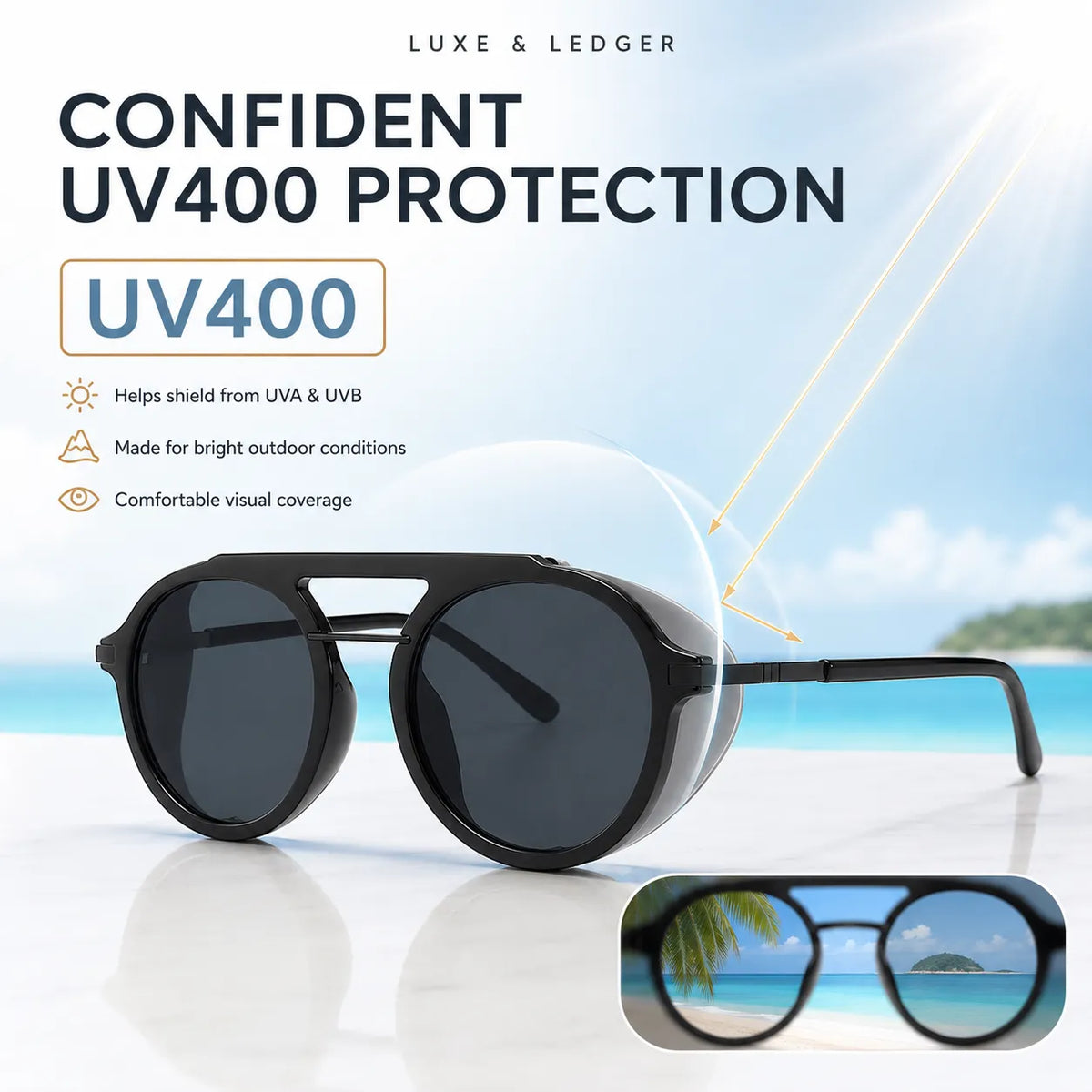 Black round sunglasses with dark lenses shown on a bright beach-themed background, with text reading 'CONFIDENT UV400 PROTECTION' and 'UV400'. A small inset at bottom right shows the sunglasses reflected in water over a beach scene.