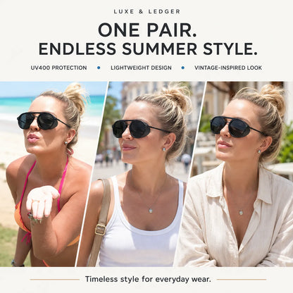 Three-panel promotional graphic showing a woman wearing black aviator-style sunglasses in beach and outdoor settings, with text reading 'LUXE & LEDGER' and 'ONE PAIR. ENDLESS SUMMER STYLE.