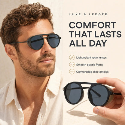 A man wearing dark round sunglasses is shown in a bright outdoor-style setting, with a hand holding the same sunglasses on the right. Text on the image reads 'LUXE & LEDGER' and 'COMFORT THAT LASTS ALL DAY,' with feature callouts for lightweight resin lenses, smooth plastic frame, and comfortable slim temples.