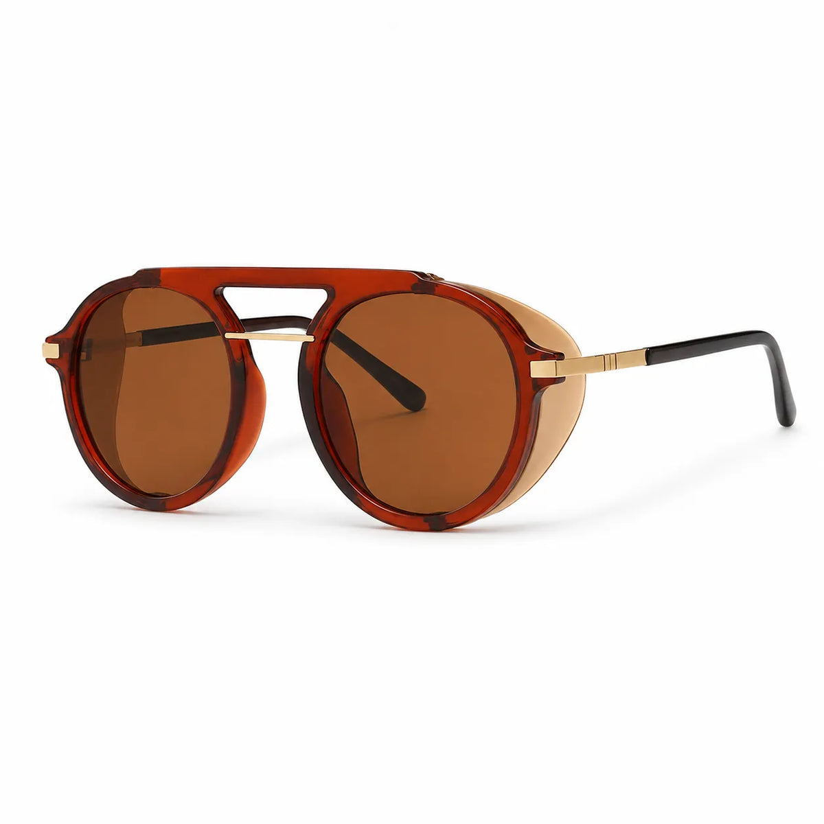 Aviator-style sunglasses with a translucent reddish-brown double-bridge frame, gold metal accents, and brown lenses, shown on a clean white background.