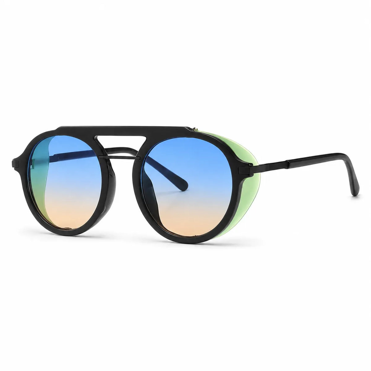 A pair of round aviator-style sunglasses with a thick black frame, featuring a light green acetate side accent and mirrored lenses that transition from blue at the top to a warm peach-orange at the bottom.