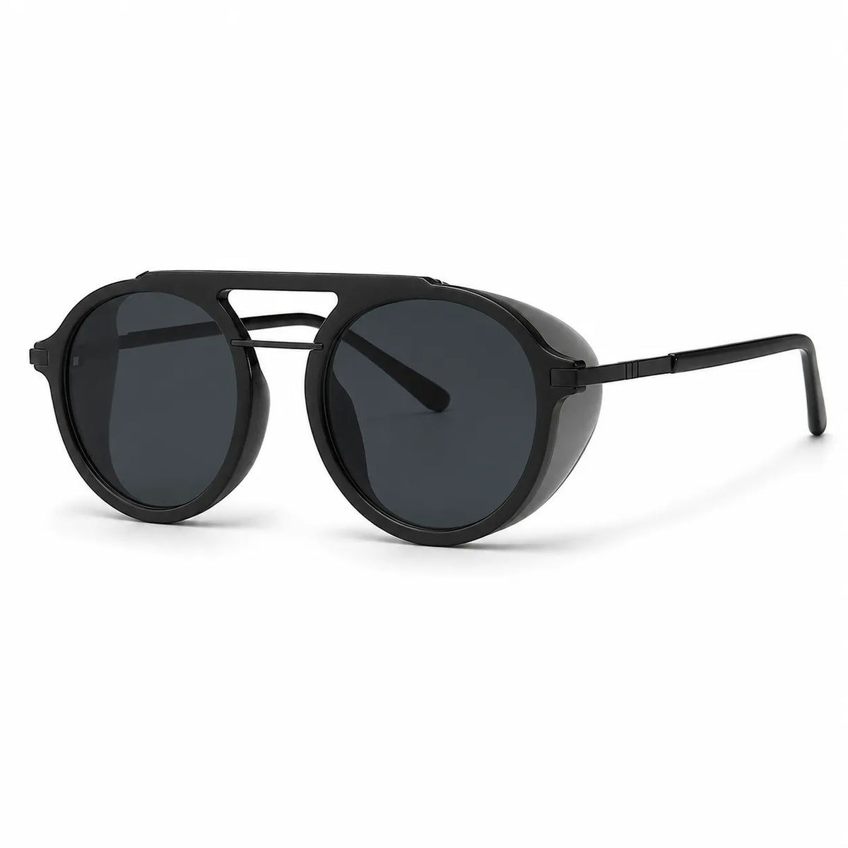 Black round sunglasses with a double bridge and dark tinted lenses, shown at a three-quarter angle on a white background.