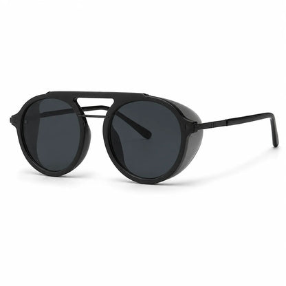 Black round sunglasses with a double bridge and dark tinted lenses, shown at a three-quarter angle on a white background.