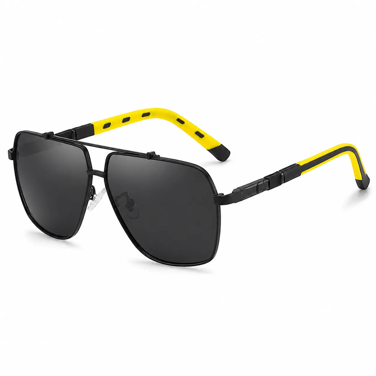 A pair of aviator-style sunglasses with black frames and dark lenses, featuring bright yellow temple arms with black accents, shown on a plain white background.