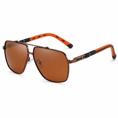 A pair of aviator-style sunglasses with brown lenses, a bronze-brown metal frame, and bright orange arms with black accents, shown on a plain white background.