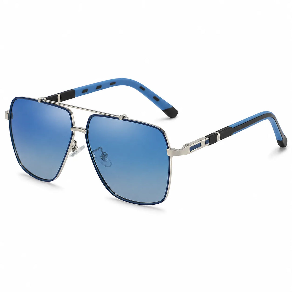 A pair of aviator-style sunglasses with blue gradient lenses, a silver metal frame, and blue and black patterned temples, shown on a plain white background.