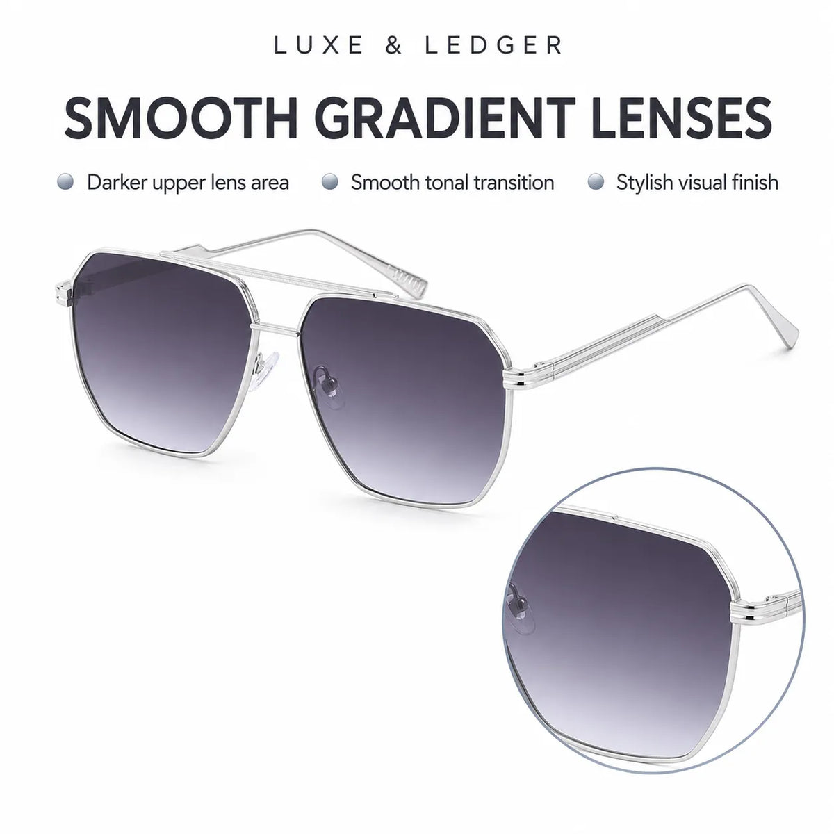 Silver-toned square aviator sunglasses with smooth gradient purple lenses, featuring a top-down view and a circular inset close-up on a white background with text highlighting gradient lens technology.