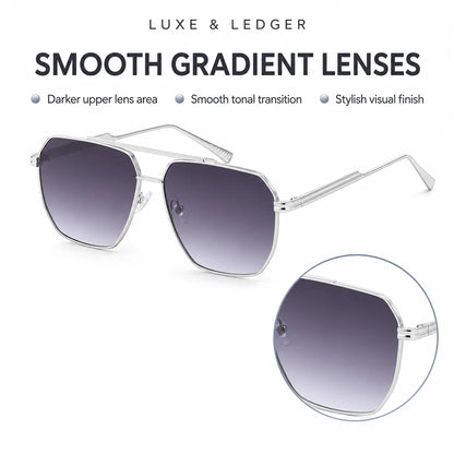Silver-toned square aviator sunglasses with smooth gradient purple lenses, featuring a top-down view and a circular inset close-up on a white background with text highlighting gradient lens technology.