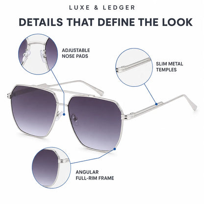 Silver-tone aviator-style sunglasses with gradient dark gray lenses, shown with callout circles highlighting adjustable nose pads, slim metal temples, and an angular full-rim frame. Text at the top reads 'LUXE & LEDGER' and 'DETAILS THAT DEFINE THE LOOK' on a white background.