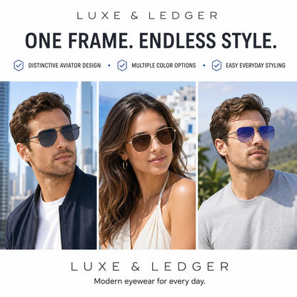 Promotional graphic for Luxe & Ledger aviator sunglasses, showing three models wearing different color options of the same single-frame aviator style. The text at the top reads 'ONE FRAME.