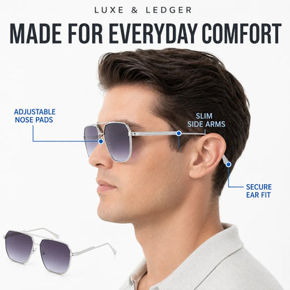 A man in side profile wearing silver aviator-style sunglasses with gradient gray lenses, on a white background with feature callouts: adjustable nose pads, slim side arms, and secure ear fit. A smaller inset of the sunglasses appears in the lower left.