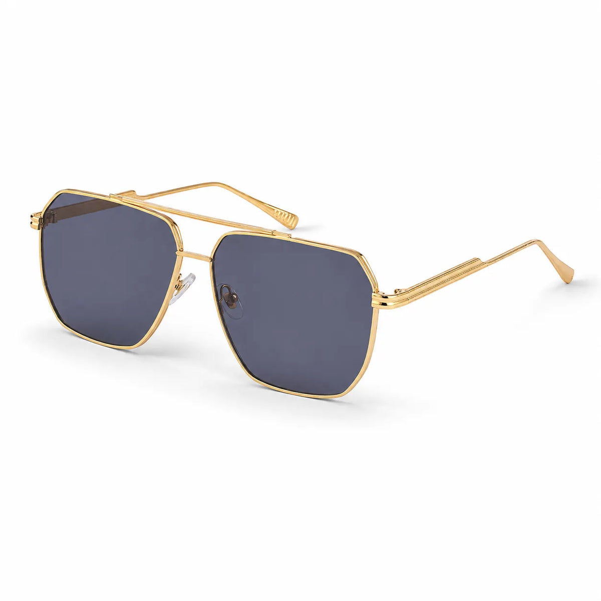 A pair of angular aviator-style sunglasses with a gold metal frame and dark gray lenses, shown on a clean white background.
