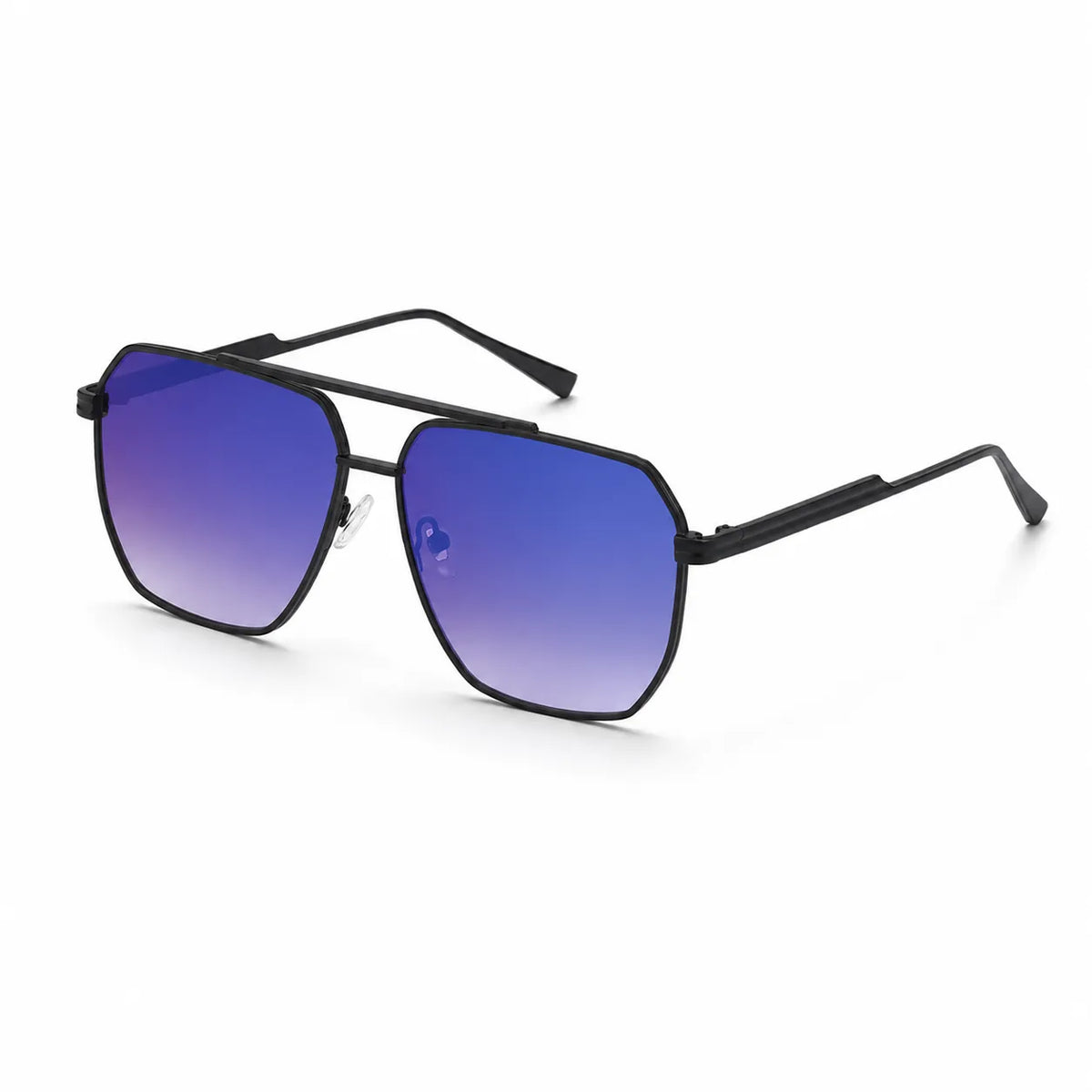 Black aviator-style sunglasses with blue gradient lenses, shown at an angle on a white background.