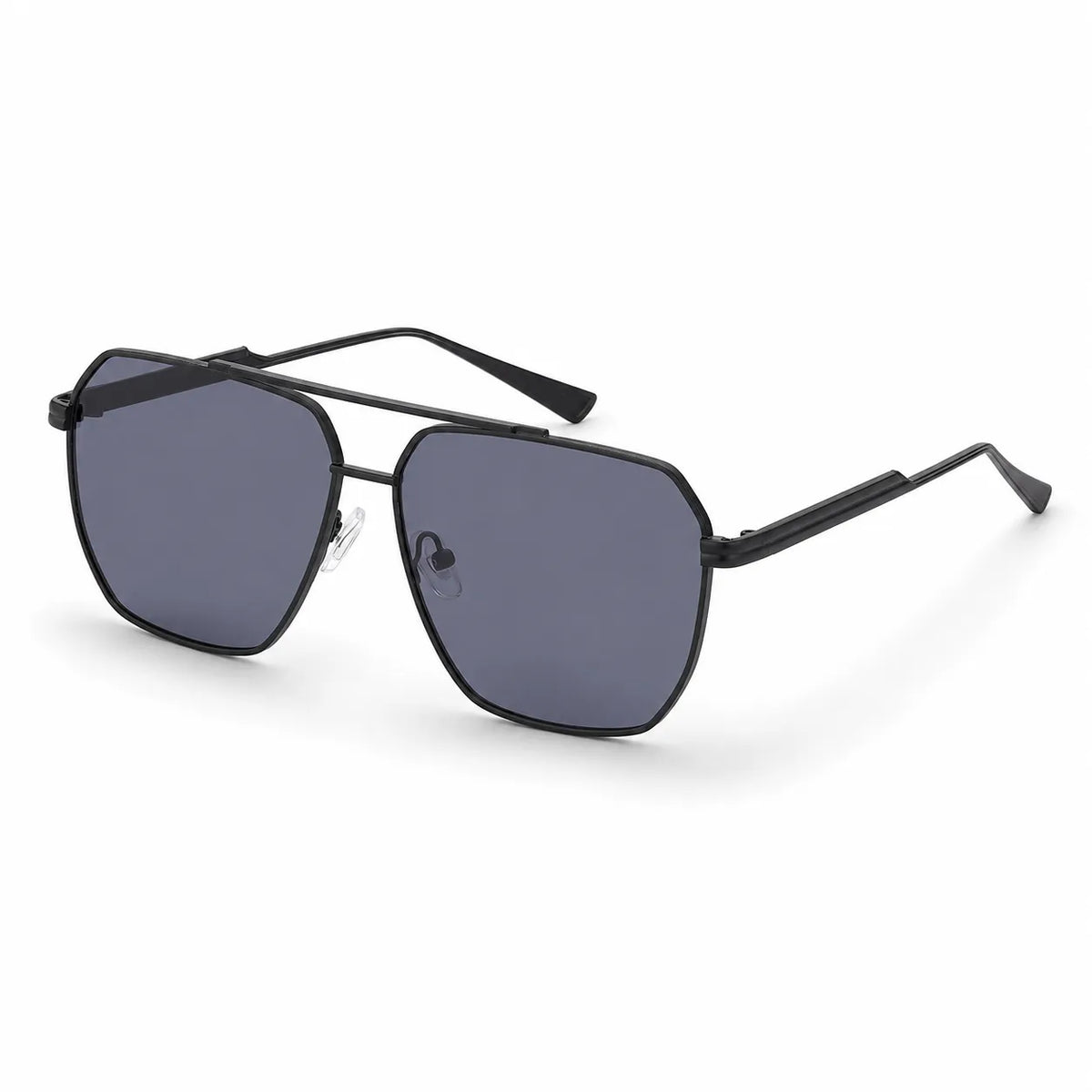 Black aviator-style sunglasses with dark gray lenses, shown at a three-quarter angle on a clean white background.