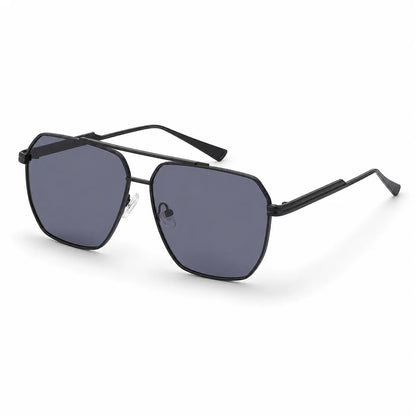 Black aviator-style sunglasses with dark gray lenses, shown at a three-quarter angle on a clean white background.
