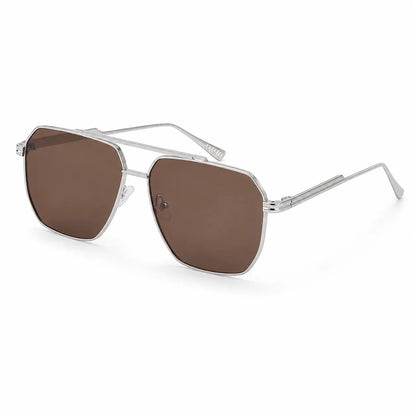 A pair of aviator-style sunglasses with a silver metal frame and brown tinted lenses, shown on a clean white background.