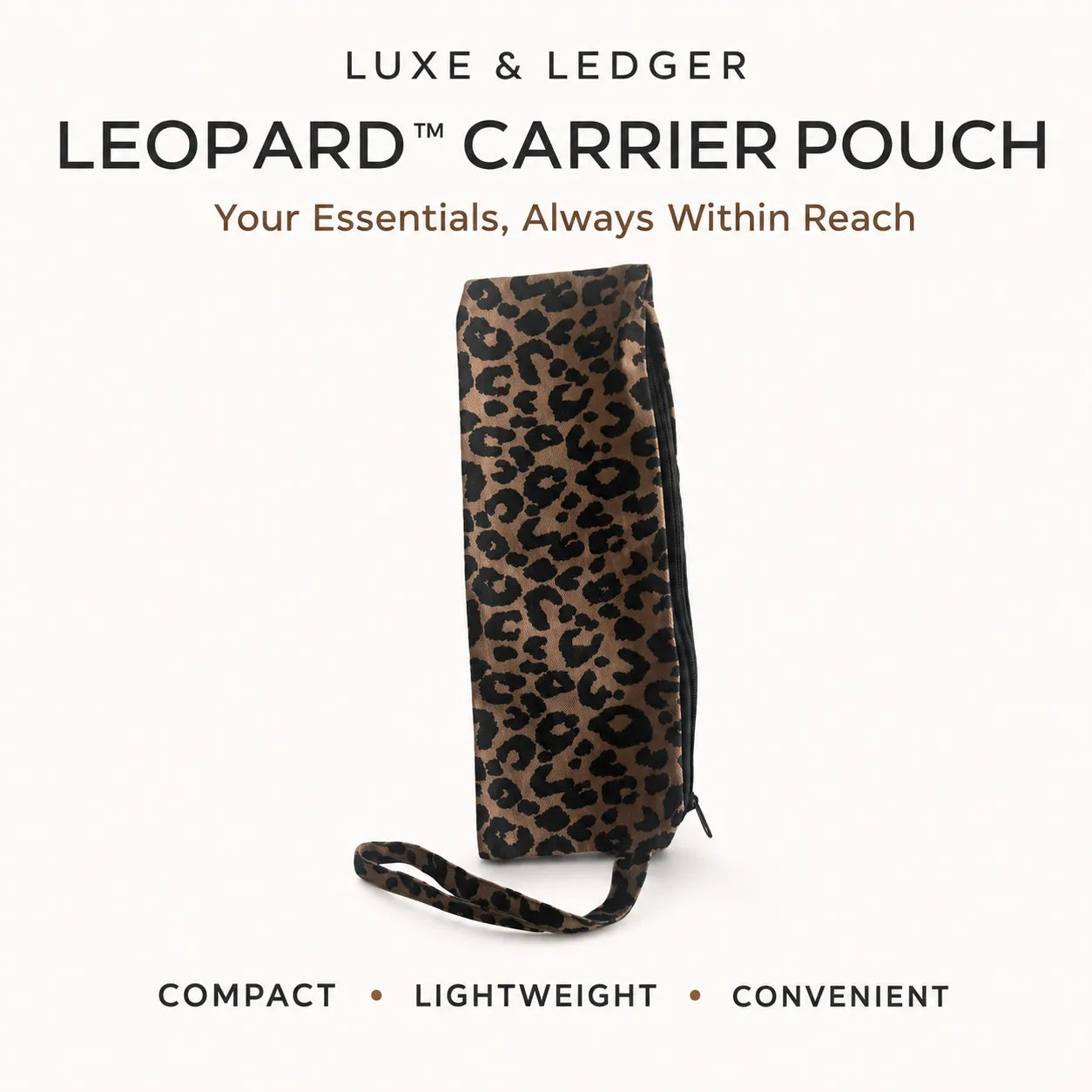 A leopard print carrier pouch with a wrist strap, shown against a light cream background with promotional text reading 'LUXE & LEDGER LEOPARD CARRIER POUCH' and 'Your Essentials, Always Within Reach.'.