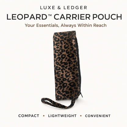 A leopard print carrier pouch with a wrist strap, shown against a light cream background with promotional text reading 'LUXE & LEDGER LEOPARD CARRIER POUCH' and 'Your Essentials, Always Within Reach.'.