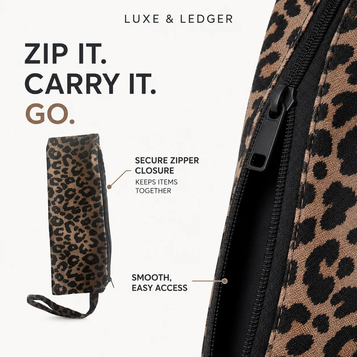 Luxe & Ledger leopard-print zippered pouch shown on a white background with marketing text highlighting secure zipper closure and smooth easy access.